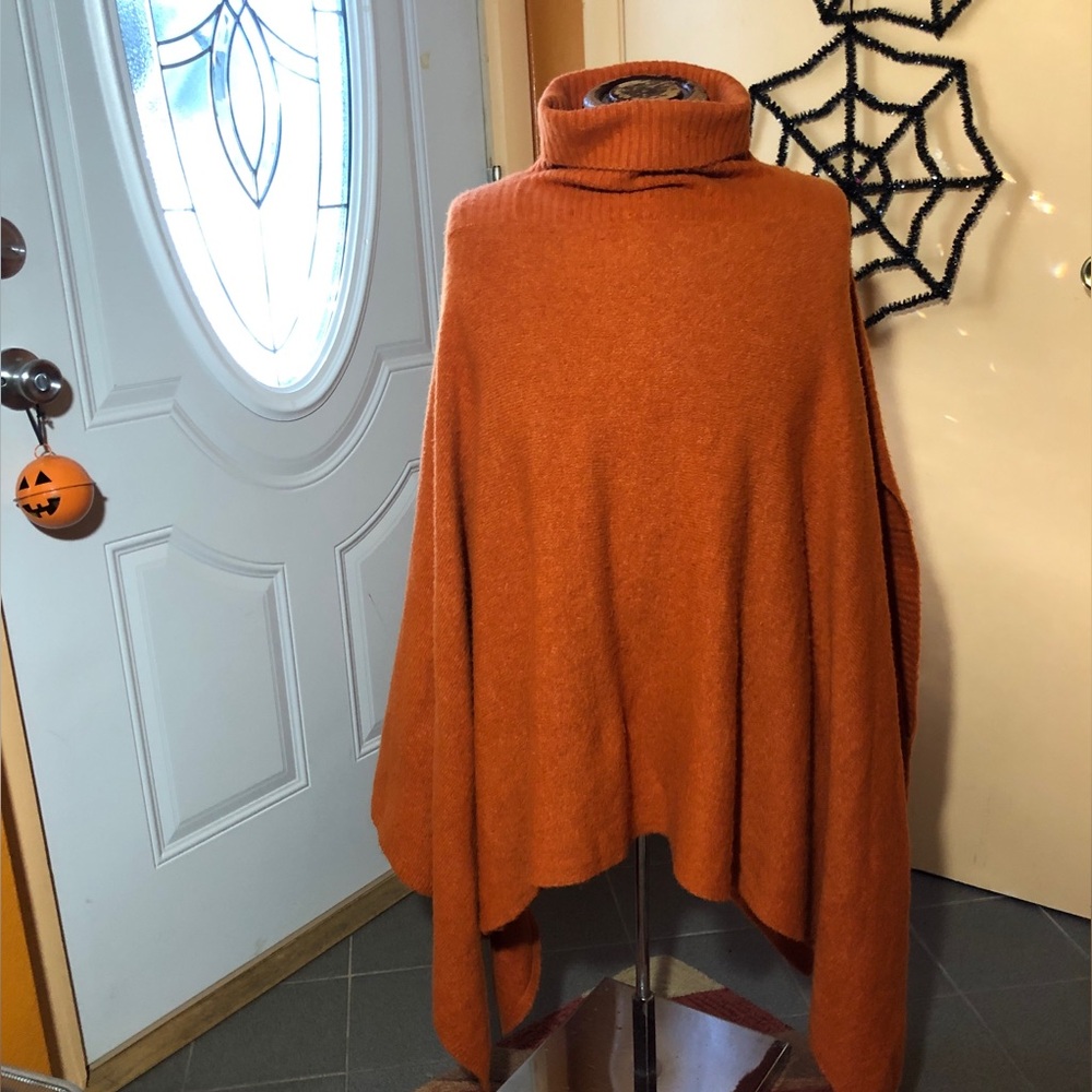 Lou & Grey Orange Wool Blend Turtleneck Poncho Sweater